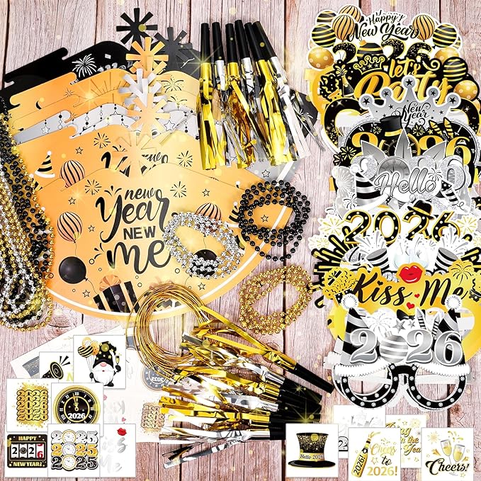 HOWAF New Year Eve Party Supplies 2026, Black Gold Silver Happy New Year 2026 Cone Hats New Years Eve Hats 2026 Glasses Party Blowouts Tattoos Bead Necklaces NYE Party Favors 2026 Decorations