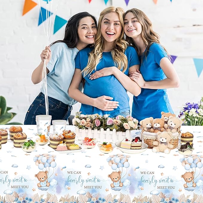 Bear Baby Shower Decorations for Boy – 193 Pcs We Can Bearly Wait Party Supplies for 24 Guests, Includes Plates, Napkins, Cutlery, Tablecloth – Blue Bear Theme Baby Shower Decor