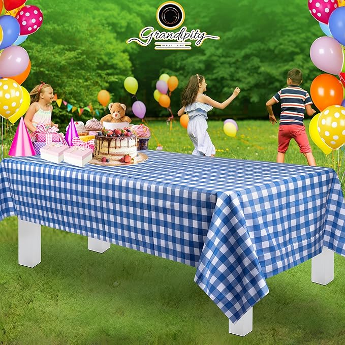 Grandipity 12 Pack Premium Disposable Plastic Picnic Tablecloth 54 Inch. x 108 Inch. Decorative Rectangle Table Cover - Blue Checkered Gingham