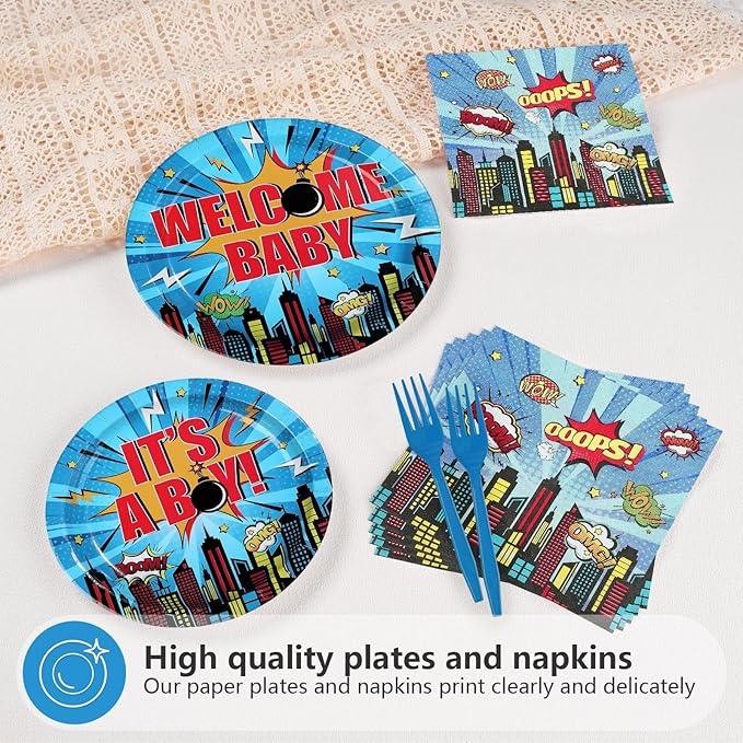96Pcs Super Theme Hero Baby Shower Party Decoration Blue Welcome-Baby Plates and Napkins Hero City Buildings Disposable Tableware Set for Boys Baby Shower Birthday Party Supplies Serves 24