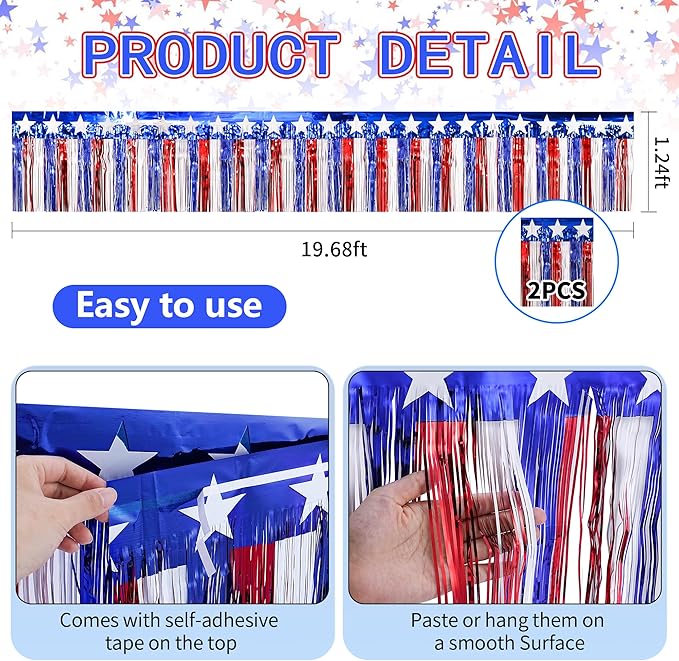 4th of July Decorations 2 Packs 39 Feet Metallic Banner Foil Fringe Garland, Red White and Blue Tinsel Streamers Hanging Backdrop American Flag Star for Parade Floats Memorial Day Patriotic Party