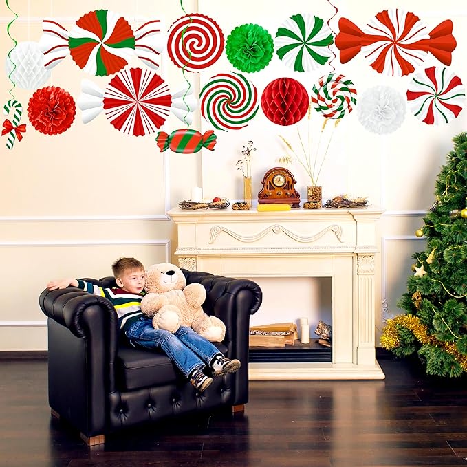15pcs Candyland Christmas Party Decorations – Paper Fans, Honeycomb, Swirls for Peppermint, Indoor Ceiling, Wall Holiday Decor