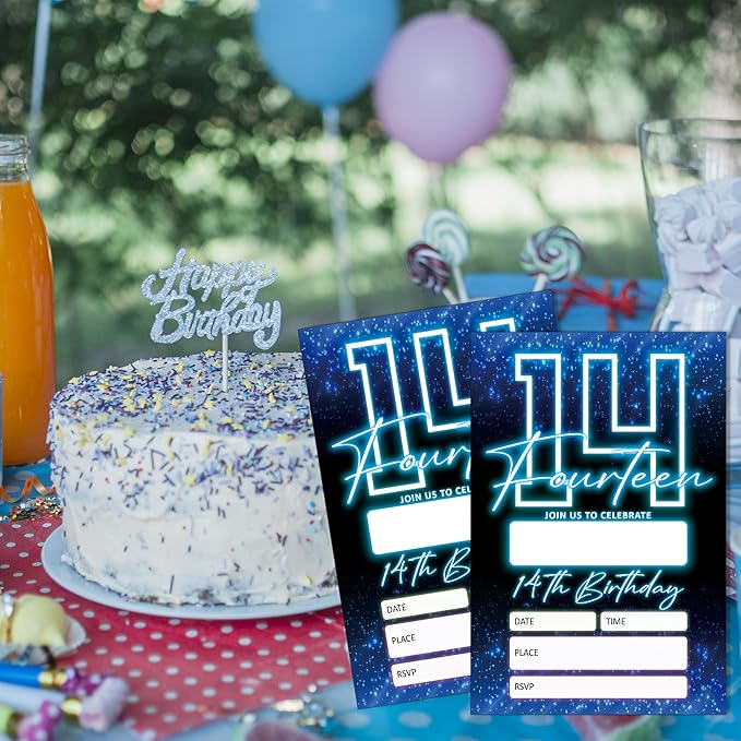 SIXEIGHT Blue 14th Birthday Invitations for Boys, Neon Glow Party Invitations for Girls Kids, 20 Pack Double Sided Invite Cards with Envelopes, 14th Glow Neon Birthday Party Decorations, 4x6 Inch-C47