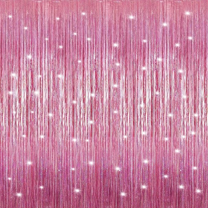 Crosize 4 Pack 3.3 x 9.9 ft Laser Pink Foil Fringe Curtains Party Decorations,Tinsel Curtain Backdrop for Parties, Door Streamers, Glitter Streamer Backdrop for Birthday Decoration