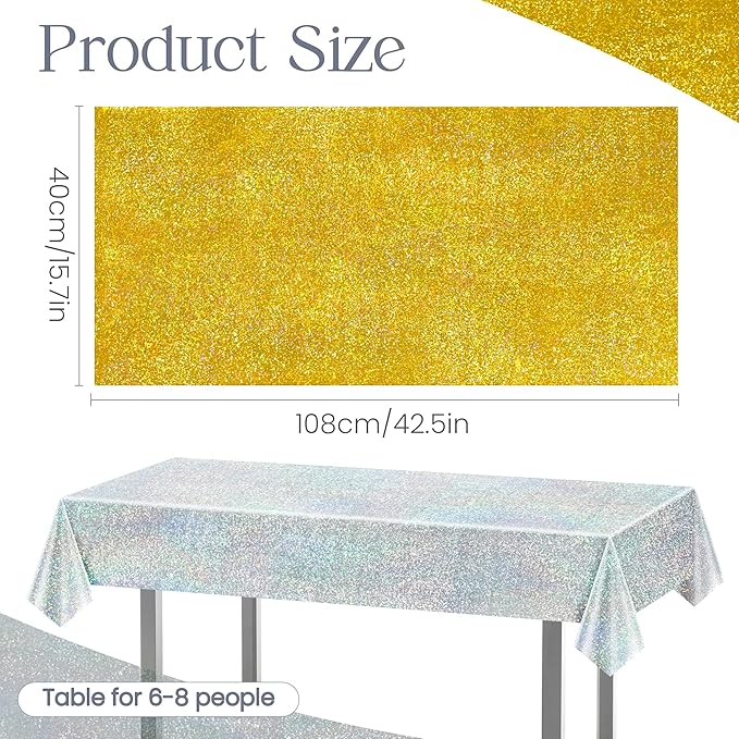 Sparkling Holographic Laser Tablecloth - Shimmering, Waterproof, Easy to Clean - Ideal for Bachelorette, Mermaid, Birthday, Wedding, and Anniversary Party Decorations (Gold & Silver, 2)