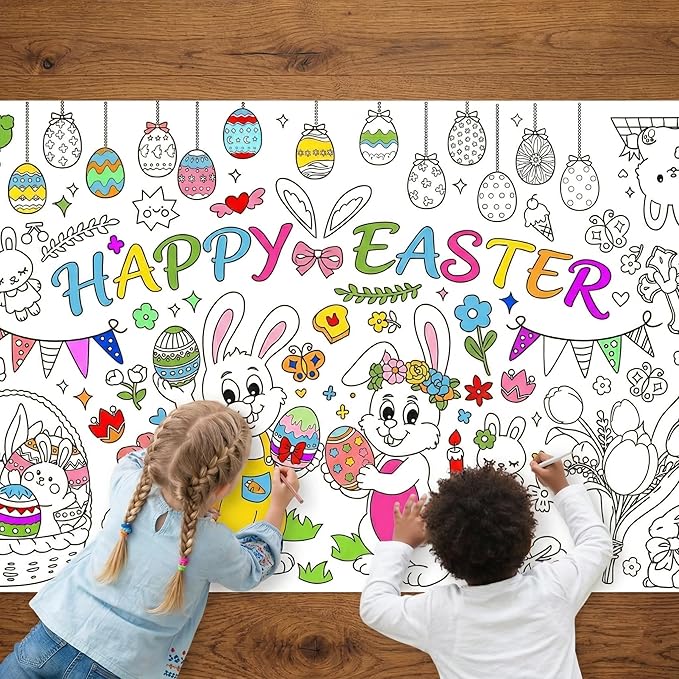 Easter Coloring Tablecloth for Kids – Giant 31.5" x 72" Color-In Paper Table Cover | Disposable Thick Kraft Paper, Bunny & Eggs Activity Poster for Easter Parties, Classrooms & Family Crafts(Easter)