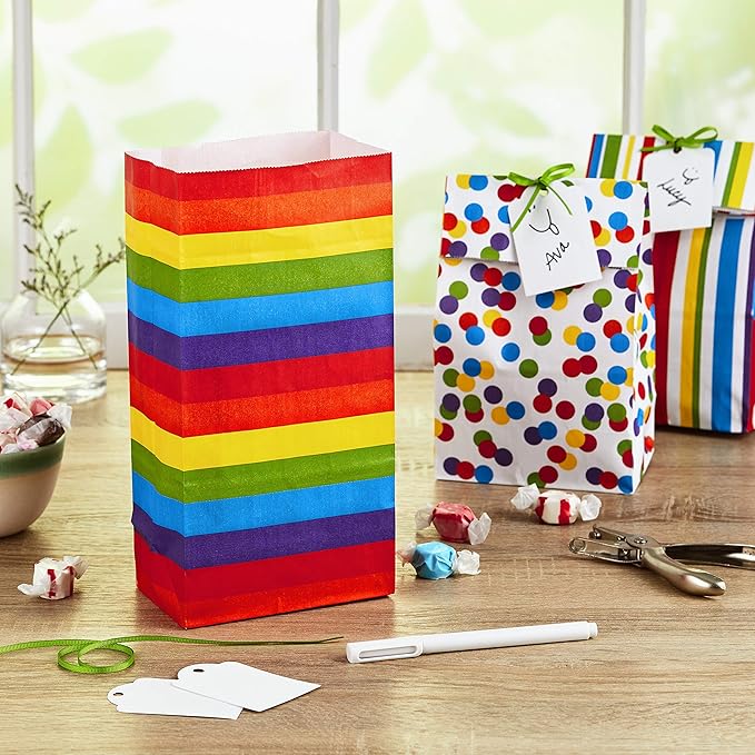 Hallmark Celebrate Rainbow Party Favor and Wrapped Treat Bags (30 Ct., 10 Each of Vertical Stripes, Horizontal Stripes, Dots) for Birthdays, Baby Showers, School Lunches, Care Packages, May Day