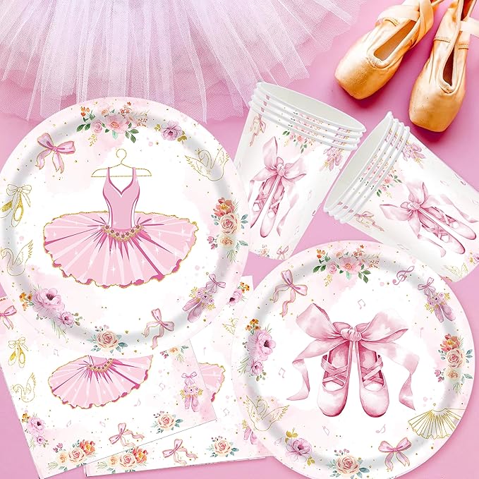 193Pcs Ballerina Birthday Party Decorations for 24 - Ballet Party Tableware Set with 7&9in Plates, Napkins, Cutlery Set, Tablecloth | Disposable Dance Party Supplies for Girls