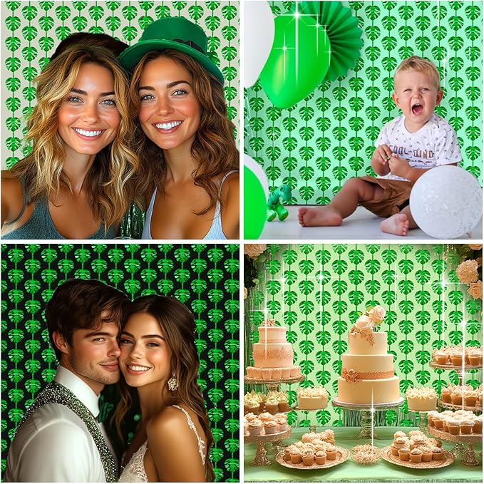 2 Packs Jungle Leaf Foil Fringe Curtain, Green Glitter Tropical Palm Leaves Metallic Tinsel Backdrop for Safari Birthday, Baby Shower, Hawaiian Aloha Luau Party Decorations Supplies
