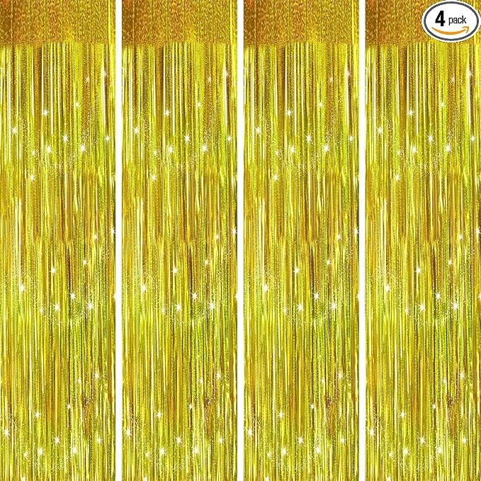 Christmas Gold Backdrops Curtains Party Decorations, Tinsel Streamers for Birthday Decorations, Metallic Photo Booth Props for Wedding, 4Pack 3.28X6.56Ft