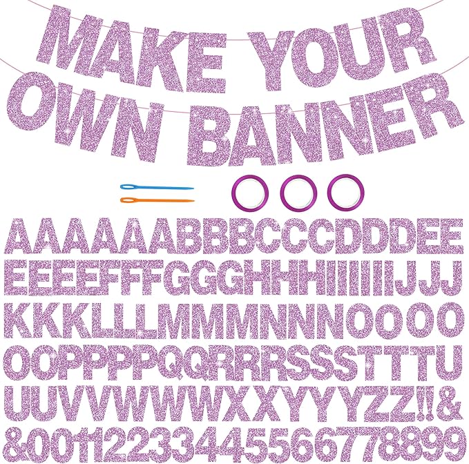 BEISHIDA 116 PCS A-Z DIY Letter Banner Kit Make Your Own Banner Glitter Light Purple Including 111 Letters and Numbers 3 Rope and 7 Threading Device,Customized for Birthday Graduation Party Decor