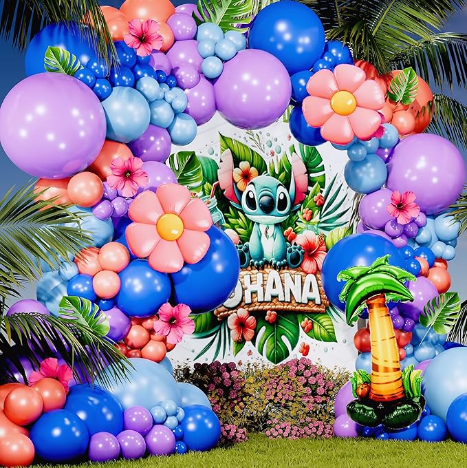 ALL-IN-1 Blue Alien Balloon Arch Kit with BONUS Palm Tree & Tropical Flowers for Cute Space Creature Theme Kids Birthday, Baby Showers & Outer Space Parties - Tropical Blue Monster Party Decorations