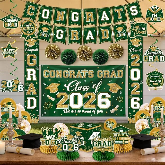 Green and Gold Graduation Decorations 2026 Set, All-in-1 Kit with Congrats Grad Banner Class of 2026 Backdrop Porch Sign Balloons Centerpieces Card Box Pom Poms Streamers for College High School