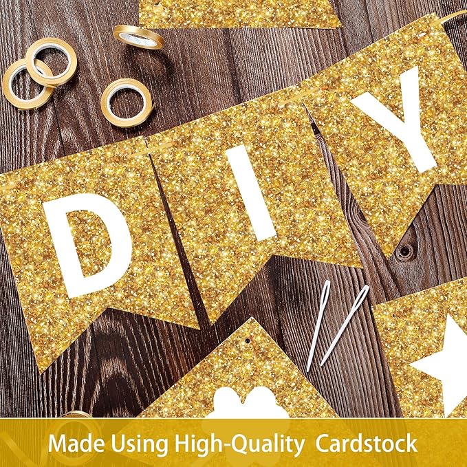 TaoBary 135 Pcs DIY Banner Custom Letters Kit Make Your Own Banner for Birthday Graduation Party Decor Include 107 Letters and Numbers, 16 Symbols, 2 String Lights, 5 Needles, 5 Rope (Gold)