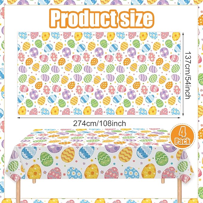 4 Pack Easter Plastic Tablecloth 54 x 108 Inch Oil Painting Easter Eggs Disposable Table Cloth Colorful Eggs Flowers Rectangle Table Covers for Spring Party Tables Decoration Home Kitchen Supplies