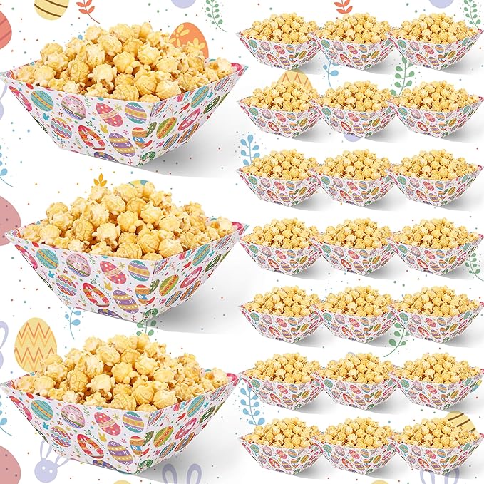 Marspark 24 Pcs Easter Party Supplies Holiday Paper Popcorn Boxes Easter Tray Colorful Egg Cookie Boxes Spring Bowl Bunny Snack Cups Flower Rabbit Party Supplies for Birthday Baby Shower Wedding