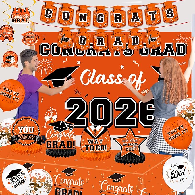 Graduation Decorations 2026, Class of 2026 Backdrop, Banner, 2026 Foil Balloons, Tablecloth, Hanging Swirls, Honeycomb Centerpieces, Party Supplies Decorations Set for College (Orange)