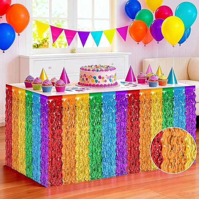 Rainbow Table Skirt, 2 Pack Desk Skirts Party Decorations, Colorful Metallic Wavy Tinsel Foil Fringe Table Skirts, Rainbow Foil Table Skirt for Birthday Classroom Teacher Pride Month Decor