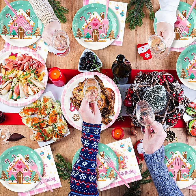 Merry Birthday Christmas Xmas Pink Village Houses Candy Party Plate Supplies - Serves 24-96Pcs Party Tableware Decoration Disposable Paper Plate Napkin Fork for Winter Holiday Birthday
