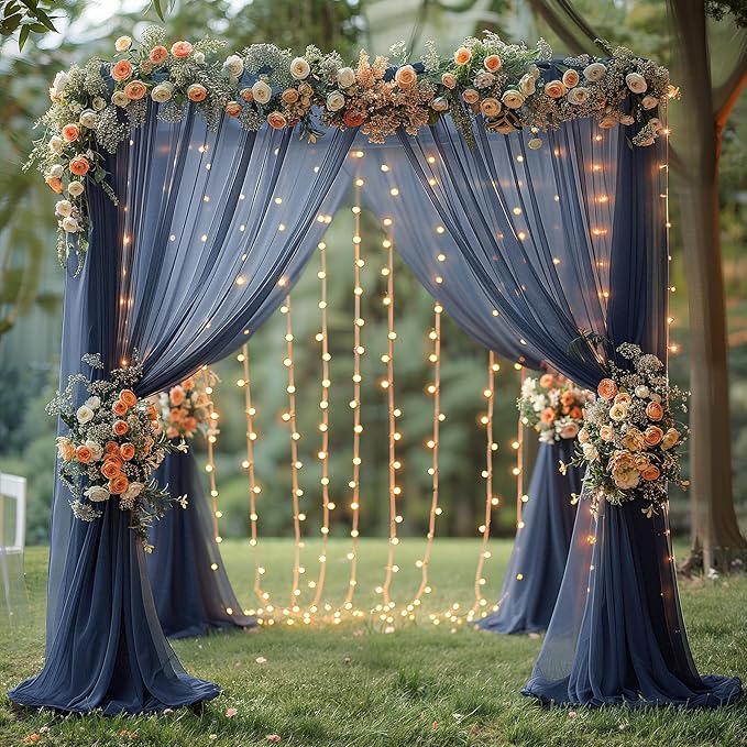 30×10ft Navy Blue Tulle Backdrop Curtain with Lights String for Parties, Sheer Photo Backdrop Curtains for Wedding Party Photography Background