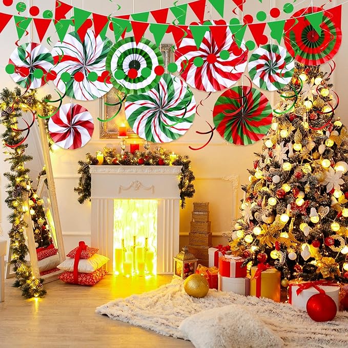 Outus 25 Pcs Christmas Party Decorations Supplies Merry Christmas Party Banner Green Red White Xmas Paper Fans Flower Pom Poms Hanging Swirls Pennant Circle Dots Garland for Xmas Birthday Decor