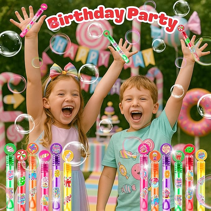 Candyland Party Favors for Kids – 24PCS Sweet-Themed Mini Bubble Wands, Great for Birthday Supplies, Pinata Fillers, Goodie Bags & Classroom Rewards