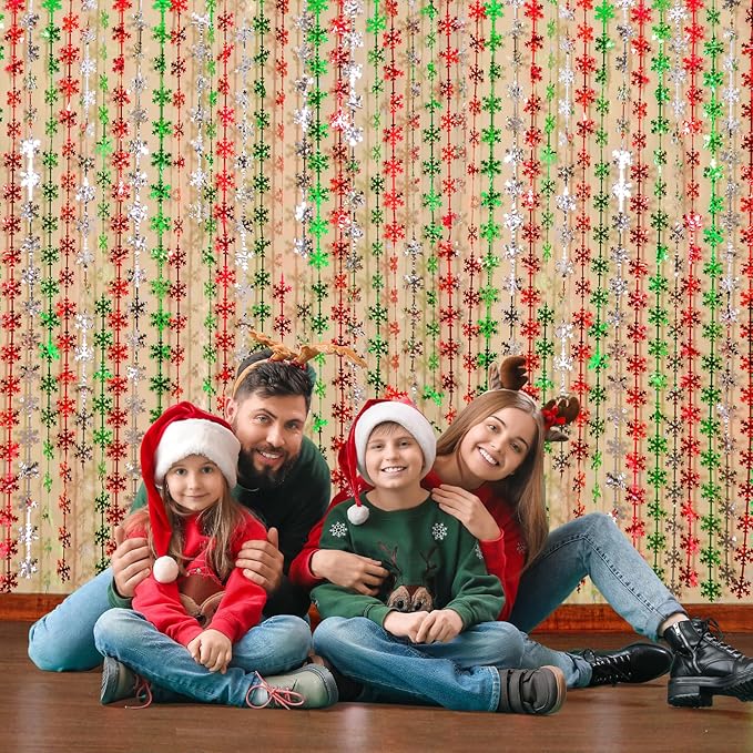 LOLStar Christmas Party Decorations, 2 Pack Foil Fringe Curtains 3.3 X 6.6 ft Red Silver Green Snowflake Tinsel Streamers Photo Backdrop for New Year, Ugly Sweater Party