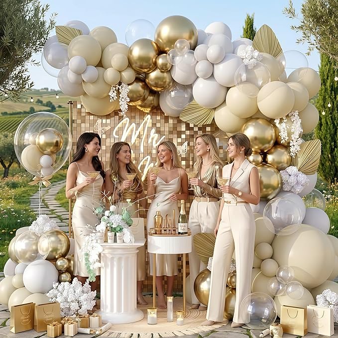 128PCS White Sand Gold Balloons Arch Kit, Nude Bridal Shower Balloon Garland with Metallic Gold Balloons for Bachelorette Bride to be Boho Wedding Baby Shower Birthday Graduation Party Decorations