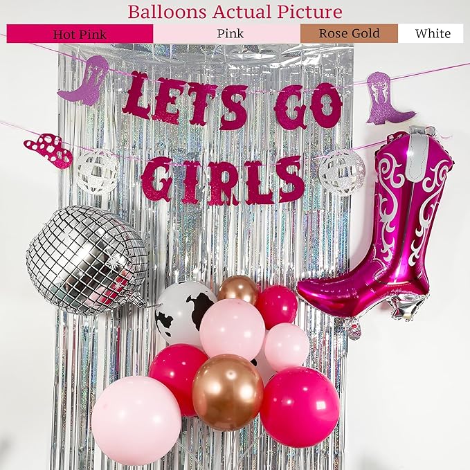 Pink & Rose Gold Cow Print Balloon Arch, Disco Boot Foil Balloons, 111Pcs Cowgirl Bachelorette Party Decorations Kit - 'Lets Go Girls' Banner - Perfect for Last Rodeo, Western, & Bachelorette Parties