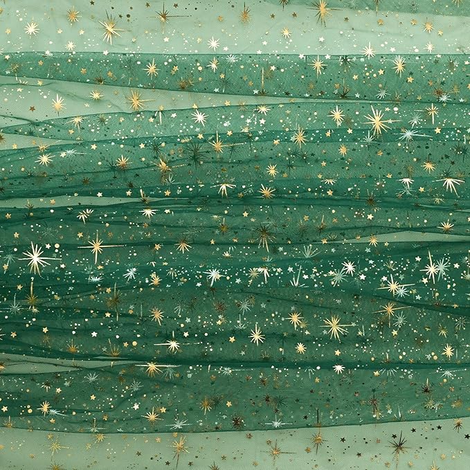 Horaldaily Green Gold Sparkling Star Gauze Tablecloth 60x104 Inch Rectangular, Golden Star Sequin Glitter Metallic Foil, Sheer Tulle Cheesecloth for Wedding Baby Shower Party