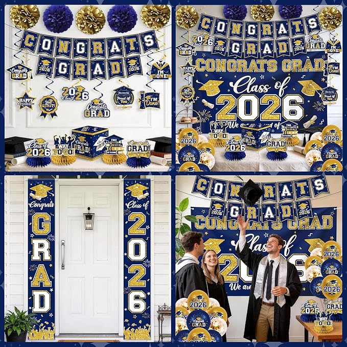 Navy Blue and Gold Graduation Decorations 2026 Set, All-in-1 Kit with Congrats Grad Banner Class of 2026 Backdrop Porch Sign Balloons Centerpieces Card Box Pom Poms Streamers for College High School