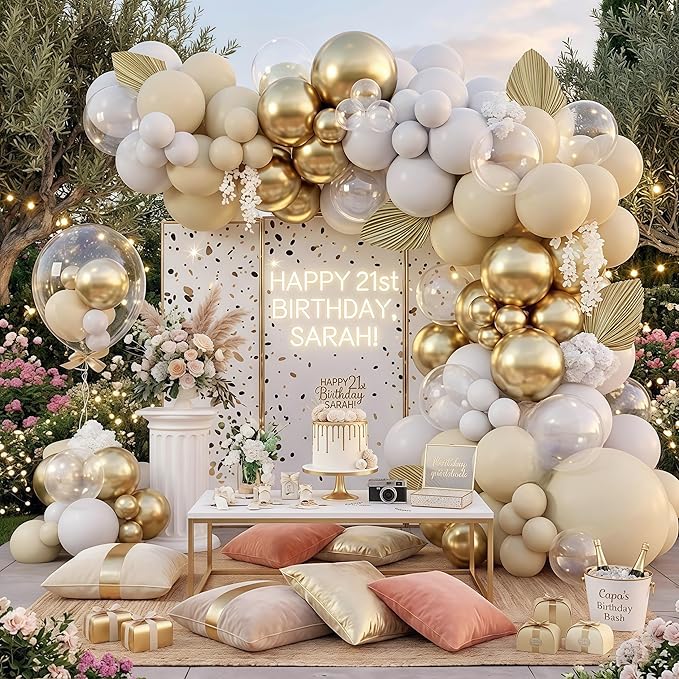 128PCS White Sand Gold Balloons Arch Kit, Nude Bridal Shower Balloon Garland with Metallic Gold Balloons for Bachelorette Bride to be Boho Wedding Baby Shower Birthday Graduation Party Decorations