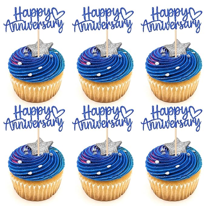 24 PCS Happy Anniversary Cupcake Toppers Glitter Wedding Anniversary Cupcake Picks Happy Anniversary Cupcake Decorations Baby Shower Birthday Wedding Anniversary Party Cake Decorations Supplies Blue