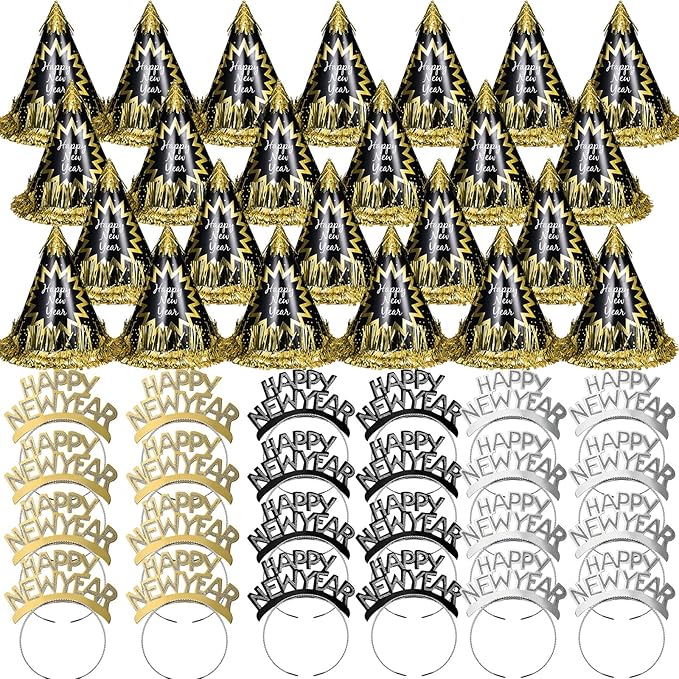 New Year's Eve Party Supplies Includes Black Cone Hats Headbands Tiaras for Eve Party Accessories