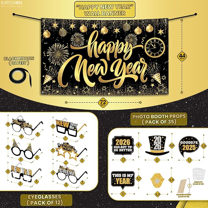 KatchOn, New Years Eve Party Supplies 2026 Set - Pack of 48 | Black and Gold Happy New Year Banner, New Year Photo Booth Props | 2026 Glasses for New Years Decorations | NYE Eve Decorations