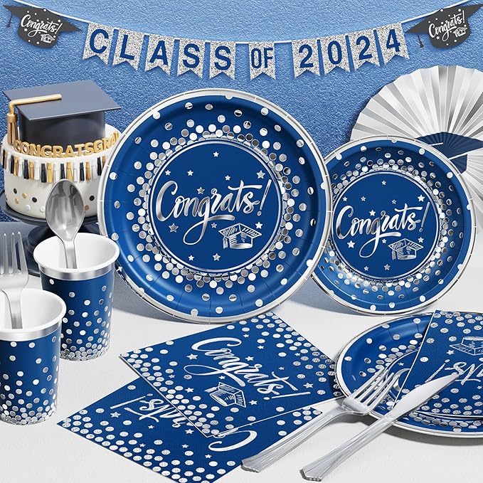 Ecomore 2026 Graduation Decorations - 245 PCS Grad Disposable Dinnerware(Serve 25) & Graduation Party Supplies With Congrats Paper Plate Cup Napkin Tablecloth Backdrop Balloon Kit - Navy Blue Sliver