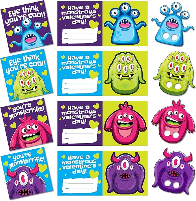 Kangaroo 28 Pack Monster Finger Puppets Valentines Day Cards with Envelopes Bulk - Funny Valentines Crafts Activities for Kids Classroom - Valentines Day Cards for Kids School Party Favors Goodie Bags Gift Ideas for Class