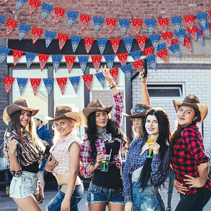 Boao 5 Pack Western Cowboy Party Decorations Bandana Pennant Banner Wild West Decor Western Cowboy Themed Yee Haw Country Party Decoration Supplies 9.8 x 5 ft(Red, Blue)