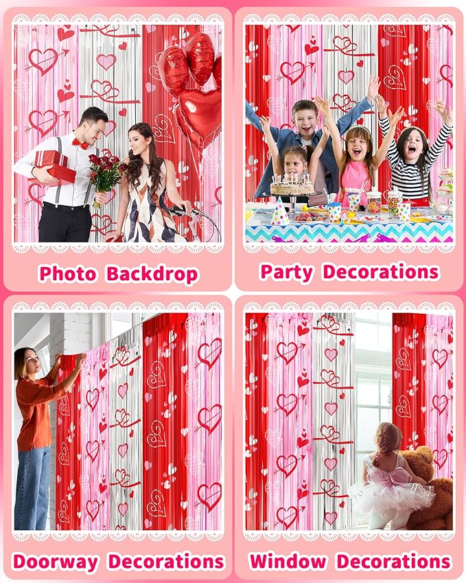 Valentines Decorations Foil Fringe Curtains for Party, 2 Pack 3.3 x 6.6 FT Galentines Day Decorations Red Pink Silver Tinsel Streamer, Valentines Backdrop Heart Decoration for Birthday Wedding