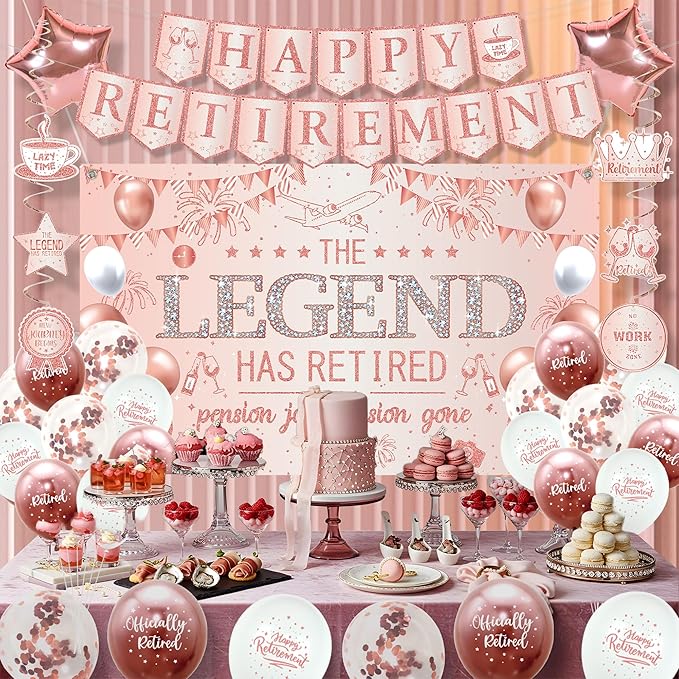 Roetyce Retirement Party Decorations Women, Rose Gold Happy Retirement Banner Backdrop Balloons Hanging Swirls for Coworker Family, Pink Lengend Has Retired Sash & Crown, Office Retired Background