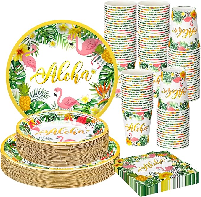 200 Pcs Tropical Hawaii Aloha Party Supplies Serve 50 Guests Luau Paper Plates Cups Napkins for Summer Beach Tableware Pool Party