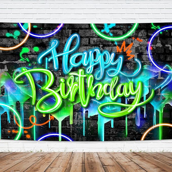 Imirell Neon Birthday Backdrop 7Wx5H Feet Glow-in-The-Dark Fluorescent Graffiti Fluid Brick Wall Funny Colorful Polyester Fabric Cool Photography Backgrounds Photo Shoot Decor Props Decoration