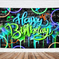 Imirell Neon Birthday Backdrop 7Wx5H Feet Glow-in-The-Dark Fluorescent Graffiti Fluid Brick Wall Funny Colorful Polyester Fabric Cool Photography Backgrounds Photo Shoot Decor Props Decoration