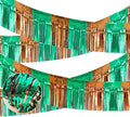 4 Packs Total 39 Ft Super Ball Parade Floats for Trailer Car, Green Brown Foil Fringe Garland Tinsel Streamers Hanging Backdrop Banner Table Skirts for Graduation Homecoming Birthday Football Party