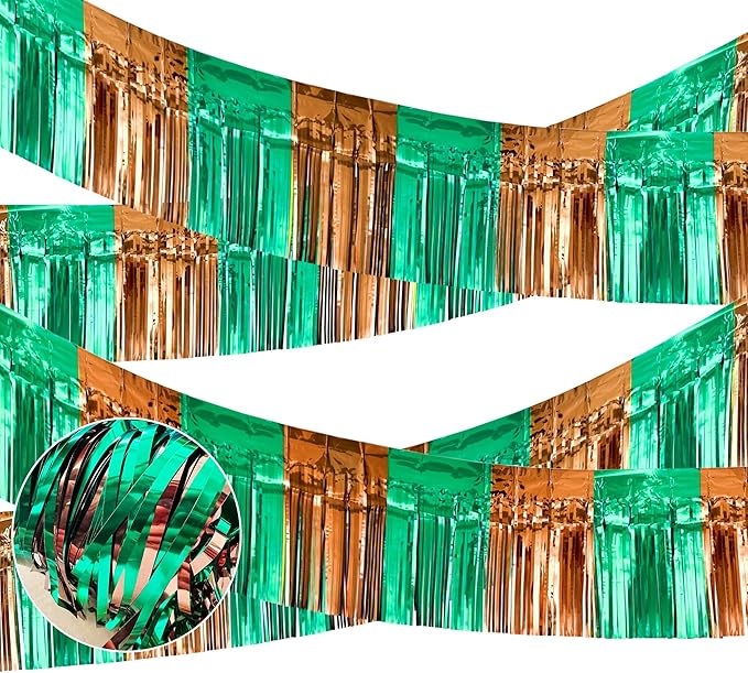 4 Packs Total 39 Ft Super Ball Parade Floats for Trailer Car, Green Brown Foil Fringe Garland Tinsel Streamers Hanging Backdrop Banner Table Skirts for Graduation Homecoming Birthday Football Party