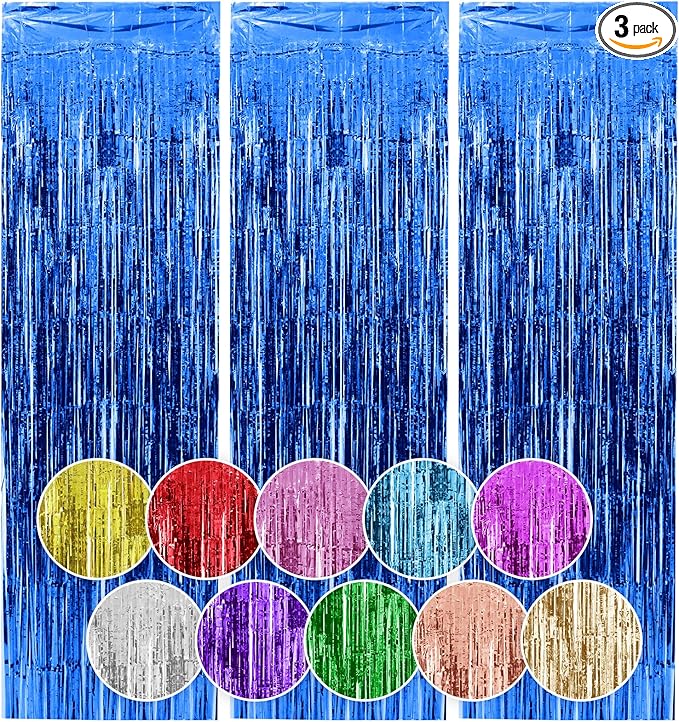 Homiest 3 Pack Royal Blue Tinsel Backdrop, 3.3x6.6 FT Metallic Tinsel Foil Fringe Curtains Party Decorations, Birthday Door Streamers for Baby Shower Wedding, Photo Booth Props Background Wall Decor