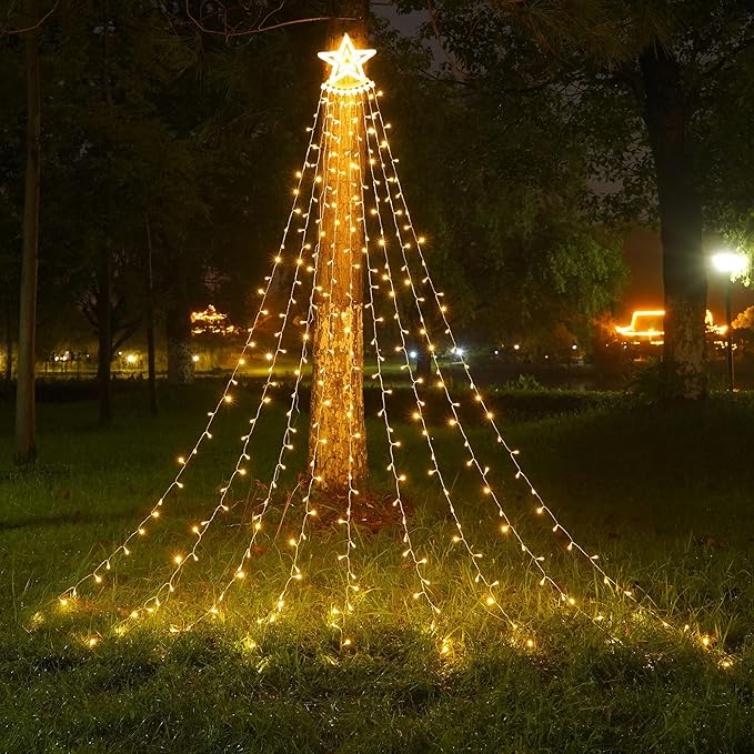 Outdoor Christmas Decorations 350 LEDs Christmas Lights with 9 Strands 11.5ft Waterfall Christmas Tree Lights, 8 Modes,Waterproof,Topper Star for Yard Patio Xmas Wedding,Party,New Year (Warm White)