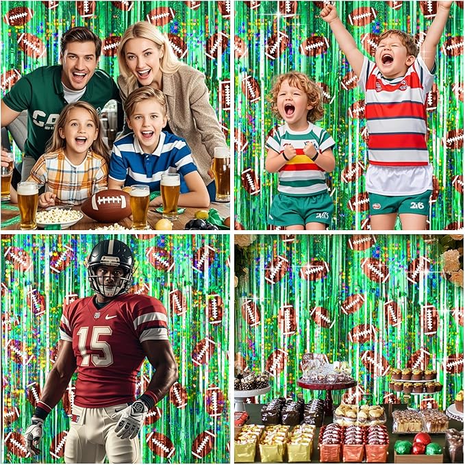 2 Packs Football Foil Fringe Curtain, Green Glitter Metallic Tinsel Backdrop for Birthday, Baby Shower, Super Bowl, Football Party Decorations Supplies