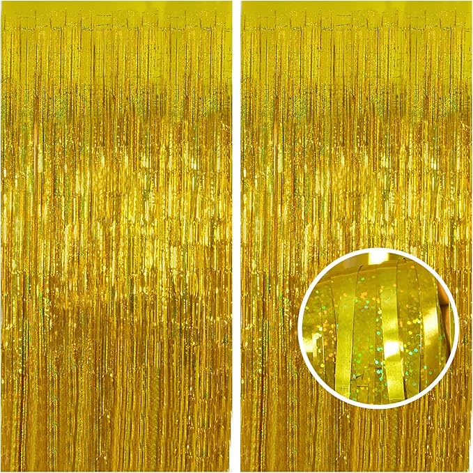 Gold Tinsel Curtain Backdrop – Melsan 2 Pack 3.2 ft x 8 ft Metallic Foil Fringe Curtains for St Patricks Party, Birthday Decorations, Graduation, Photo Booth Backdrop, Sparkle Gold Party Streamers