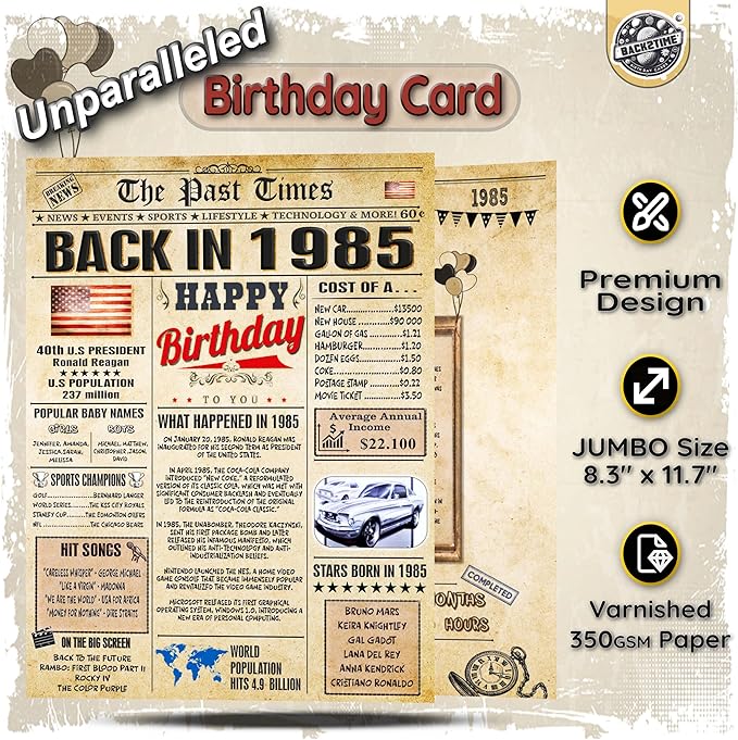 41st Birthday Card for Women Men - Back In 1985 Newspaper - 41 st Happy BIRTHDAY card - 41 birthday gift for Her Him - JUMBO size - 41st birthday decorations Dad Mom - Best gifts for 41 year old